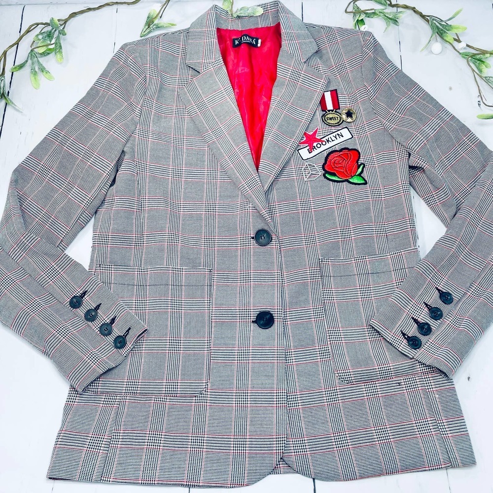 KR Daba (by DabaGirl) Red, Black and White Plaid Blazer with Military Metals.